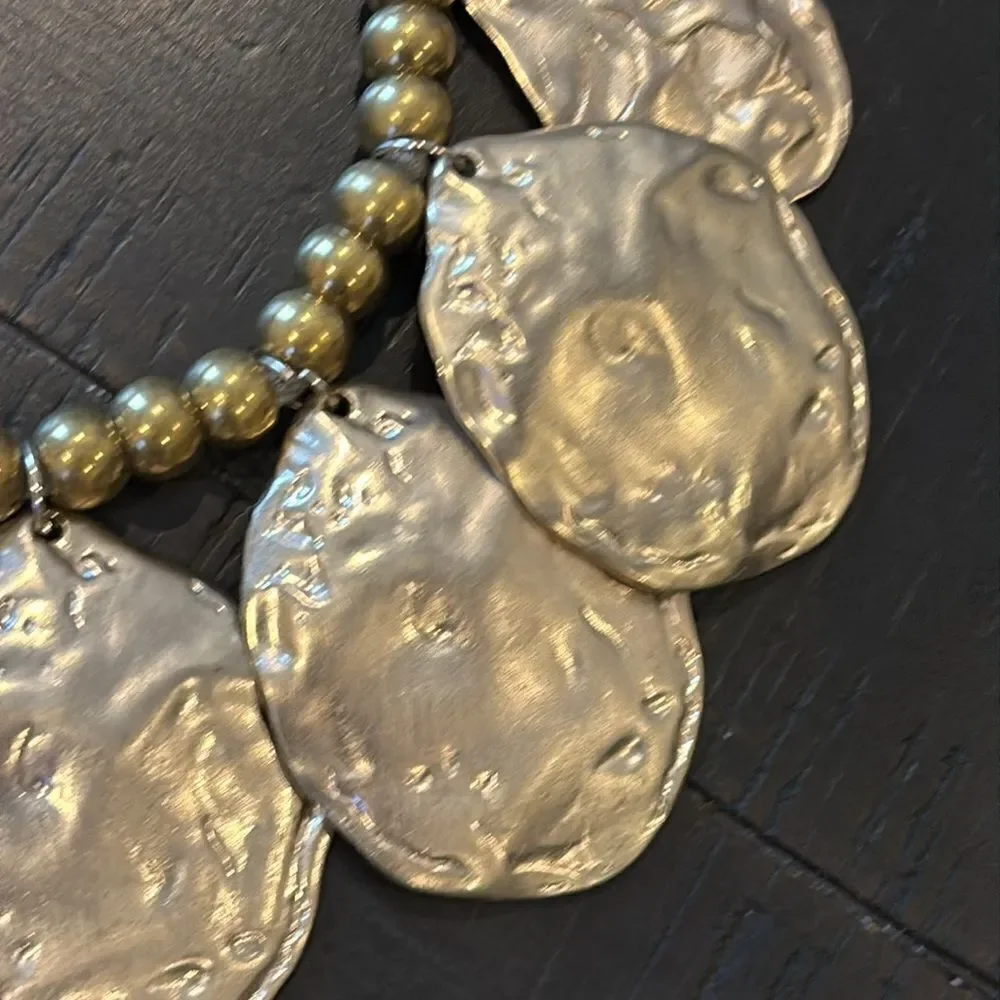 Kenneth Jay Lane Gold Beaded Satin Silver Statement Necklace Gray Fabric Tie​​​